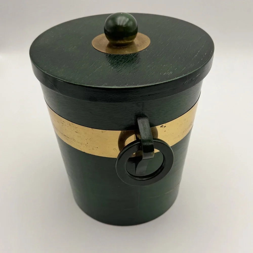Vintage Ice Bucket Mid Century Modern Green with Gold Trim Plastic Liner
